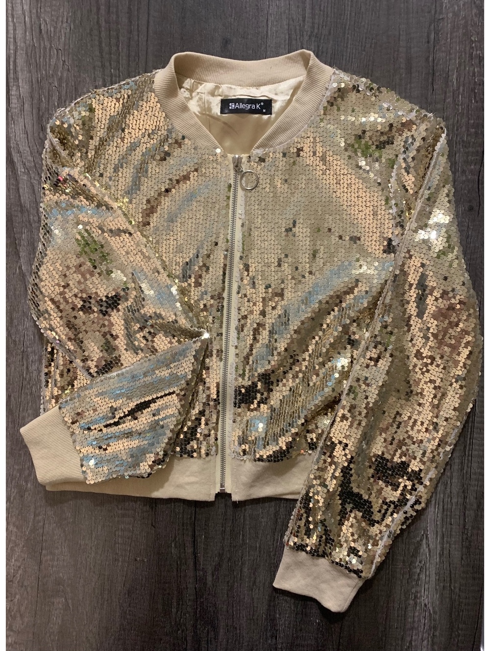 Allegra K Women's Sequin Bomber Jacket, Size M, Gold Shimmer